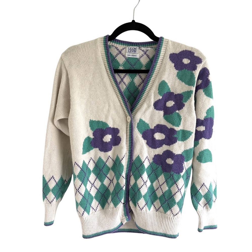 León Levin Floral Argyle Cardigan